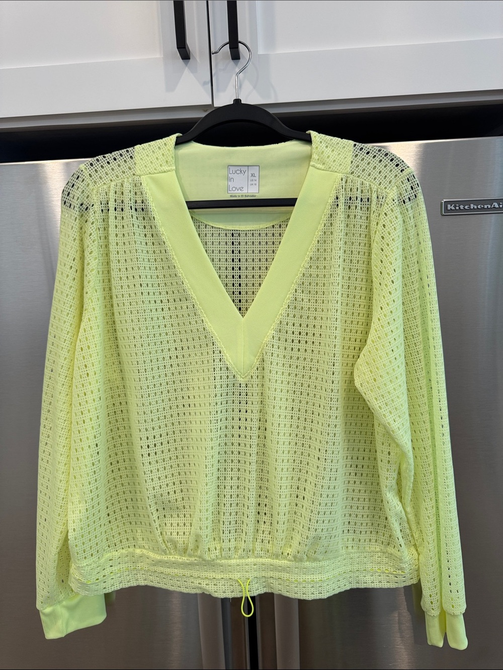 Lucky in Love Neon Yellow Open-Knit V-Neck Pullover